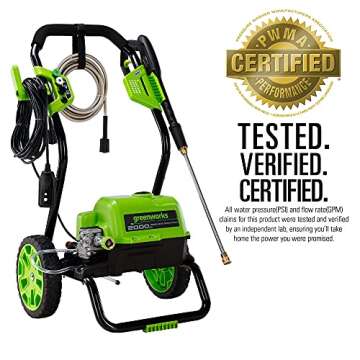 Greenworks 2000 Max PSI @ 1.1 GPM (13 Amp) Electric Pressure Washer (Black Frame) PWMA Certified, Green