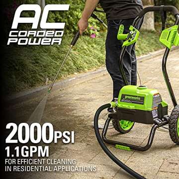Greenworks 2000 Max PSI @ 1.1 GPM (13 Amp) Electric Pressure Washer (Black Frame) PWMA Certified, Green