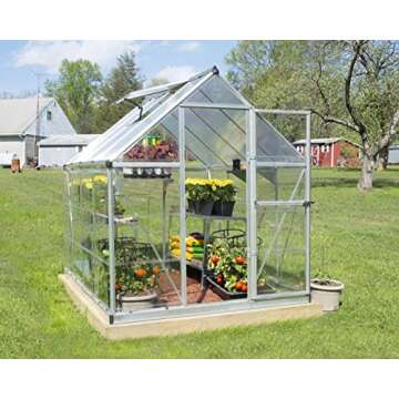 Palram - Canopia 6x8 Greenhouse for Outdoors, Walk-In, UV Polycarbonate Panels, Heavy Duty Aluminum Frame, Lockable Door, Adjustable Roof Vent, Rain Gutters, Plant Hangers, Hybrid (Silver)