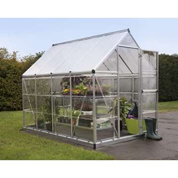 Palram - Canopia 6x8 Greenhouse for Outdoors, Walk-In, UV Polycarbonate Panels, Heavy Duty Aluminum Frame, Lockable Door, Adjustable Roof Vent, Rain Gutters, Plant Hangers, Hybrid (Silver)