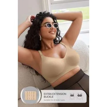 OEAK Womens Comfortable Bras Wireless V Neck Bra Full Coverage Bralettes Seamless Tshirts Bras Push Up Bras with Extender Oatmeal 3XL