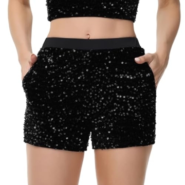 Anna-Kaci Women's Sparkly Sequin Shorts Elastic Waist Glitter Straight Leg Party Shorts with Pockets...
