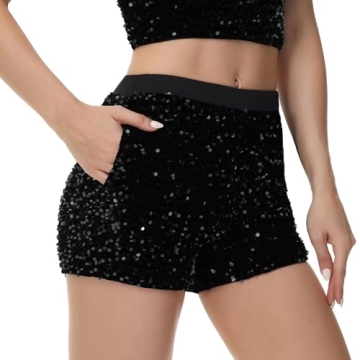 Anna-Kaci Women's Sparkly Sequin Shorts Elastic Waist Glitter Straight Leg Party Shorts with Pockets, Black, Small