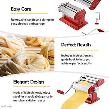 GOURMEX Stainless Steel Manual Pasta Maker Machine | With Adjustable Thickness Settings | Perfect for Professional Homemade Spaghetti and Fettuccini | Includes Removable Handle and Clamp (Red)