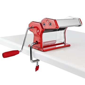 GOURMEX Stainless Steel Manual Pasta Maker Machine | With Adjustable Thickness Settings | Perfect for Professional Homemade Spaghetti and Fettuccini | Includes Removable Handle and Clamp (Red)