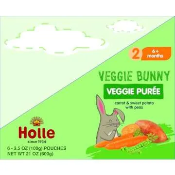 Holle Organic Baby Food Pouches - Veggie Bunny Baby Puree with Carrots, Peas and Sweet Potato - (6 Pack) Organic Baby Snacks + Fruit and Veggie Pouches for Weaning Babies 6 Months and Older