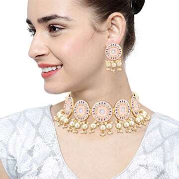 Aheli Indian Traditional Bollywood Pink Handcrafted Meenakari Enamel Choker Necklace with Earrings Set Gift for Women