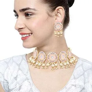 Aheli Indian Traditional Bollywood Pink Handcrafted Meenakari Enamel Choker Necklace with Earrings Set Gift for Women