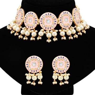Aheli Indian Traditional Bollywood Pink Handcrafted Meenakari Enamel Choker Necklace with Earrings Set Gift for Women