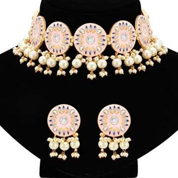 Aheli Indian Traditional Bollywood Pink Handcrafted Meenakari Enamel Choker Necklace with Earrings Set Gift for Women