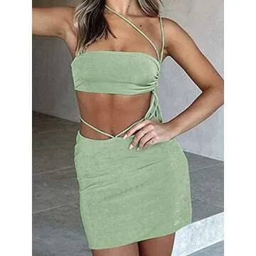 DRESBE Women's Two Piece Outfit Drawstring Crop Top and Skirt Set Off Shoulder Crop Tops Bodycon Mini Skirts High Waist Short Skirt Sexy Clubwear (Green L)