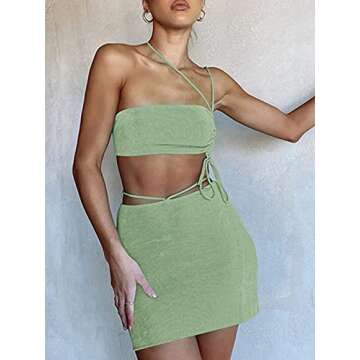 DRESBE Women's Two Piece Outfit Drawstring Crop Top and Skirt Set Off Shoulder Crop Tops Bodycon Mini Skirts High Waist Short Skirt Sexy Clubwear (Green L)