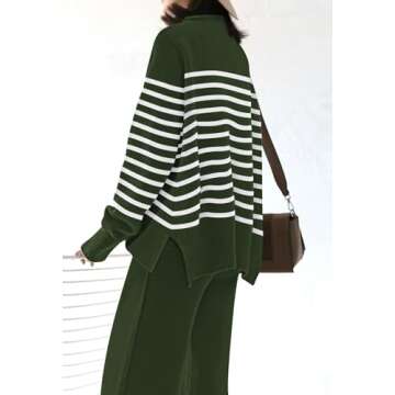 AOHITE Womens 2 Piece Outfit Set Long Sleeve Knit Pullover Sweater Top and Wide Leg Pants Sweatsuit Green Stripe Medium