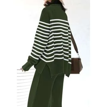 AOHITE Womens 2 Piece Outfit Set Long Sleeve Knit Pullover Sweater Top and Wide Leg Pants Sweatsuit Green Stripe Medium