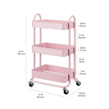 Amazon Basics 3-Tier Dusty Pink Rolling Utility Cart