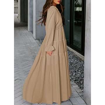 BLENCOT Women's Bohemian V Neck Loose Long Sleeve Maxi Dress in Light Khaki