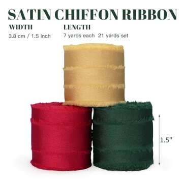 Keypan Christmas Tree Ribbon for Gift Wrapping, Silk Satin Chiffon Frayed Fabric Holiday Ribbons for...