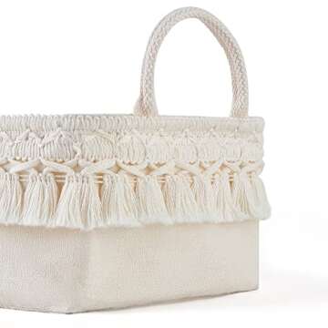 Mkono 2 Pack Storage Baskets for Bathroom Closet Shelf Boho Decor Small Storage Bins with Tassels Cute Rectangular Organizers with Handles for Bedroom Nursery Dorm, Ivory, 13.38"L x 6.3"W x 3.9"H