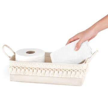 Mkono 2 Pack Storage Baskets for Bathroom Closet Shelf Boho Decor Small Storage Bins with Tassels Cute Rectangular Organizers with Handles for Bedroom Nursery Dorm, Ivory, 13.38"L x 6.3"W x 3.9"H