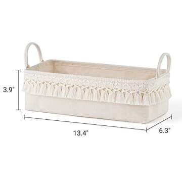 Mkono 2 Pack Storage Baskets for Bathroom Closet Shelf Boho Decor Small Storage Bins with Tassels Cute Rectangular Organizers with Handles for Bedroom Nursery Dorm, Ivory, 13.38"L x 6.3"W x 3.9"H