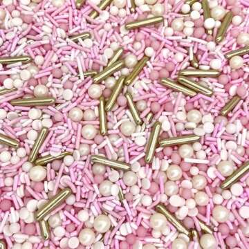 Manvscakes, pink sprinkles, valentines, cake sprinkles, gold sprinkles, cookies, chocolate, fondant, princess topping, ice cream, edible, dessert decoration (Rose)