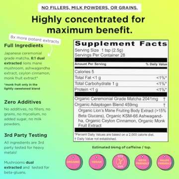 Pow Wonder Matcha | Organic Ceremonial Matcha w/Adaptogens, Mushrooms, Lion's Mane Mushroom and Ashwagandha (Lightly Sweetened | Up to 28 Servings)