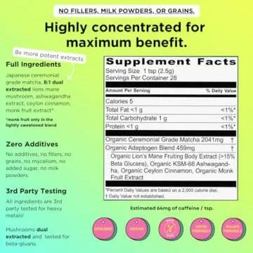 Pow Wonder Matcha | Organic Ceremonial Matcha w/Adaptogens, Mushrooms, Lion's Mane Mushroom and Ashwagandha (Lightly Sweetened | Up to 28 Servings)