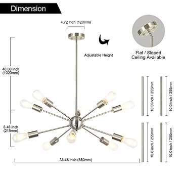 BONLICHT Sputnik Chandelier Lighting 10 Light Chandelier Modern Starburst Chandelier Mid Century Pendant Lighting Brushed Nickel Ceiling Light Fixture for Kitchen Dining Room Living Room Foyer
