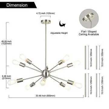 BONLICHT Sputnik Chandelier Lighting 10 Light Chandelier Modern Starburst Chandelier Mid Century Pendant Lighting Brushed Nickel Ceiling Light Fixture for Kitchen Dining Room Living Room Foyer