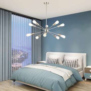 BONLICHT Sputnik Chandelier Lighting 10 Light Chandelier Modern Starburst Chandelier Mid Century Pendant Lighting Brushed Nickel Ceiling Light Fixture for Kitchen Dining Room Living Room Foyer