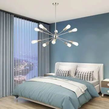 BONLICHT Sputnik Chandelier Lighting 10 Light Chandelier Modern Starburst Chandelier Mid Century Pendant Lighting Brushed Nickel Ceiling Light Fixture for Kitchen Dining Room Living Room Foyer