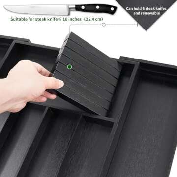 VaeFae Bamboo Silverware Drawer Organizer Kitchen, Expandable Utensil Organizer with Knife Block, Cu...