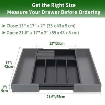 VaeFae Bamboo Silverware Drawer Organizer Kitchen, Expandable Utensil Organizer with Knife Block, Cutlery Tray with Divider, Multifunctional Wooden Drawer Organizer (Black)