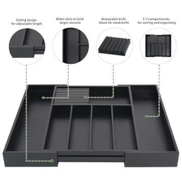 VaeFae Bamboo Silverware Drawer Organizer Kitchen, Expandable Utensil Organizer with Knife Block, Cutlery Tray with Divider, Multifunctional Wooden Drawer Organizer (Black)