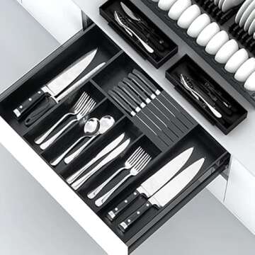 VaeFae Bamboo Silverware Drawer Organizer Kitchen, Expandable Utensil Organizer with Knife Block, Cutlery Tray with Divider, Multifunctional Wooden Drawer Organizer (Black)