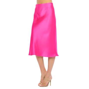 Women Solid High Waist Silky Casual Elastic Satin Midi Skirt - Made in USA(Medium,Hotpink)