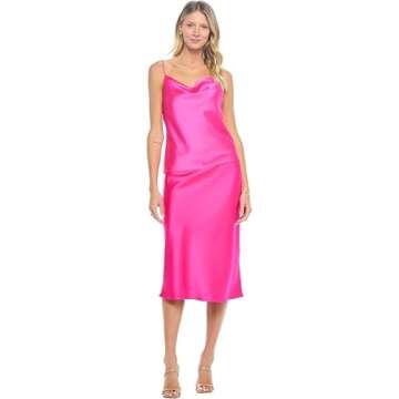 Women Solid High Waist Silky Casual Elastic Satin Midi Skirt - Made in USA(Medium,Hotpink)