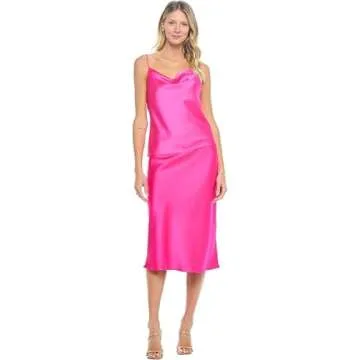 Women Solid High Waist Silky Casual Elastic Satin Midi Skirt - Made in USA(Medium,Hotpink)