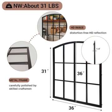 GIFTTROVE 36 Inch Arched Window Mirror, Matte Black Metal Frame Decorative Mirror, Grid Wall Mirror for Living Room, Bedroom, Entryway