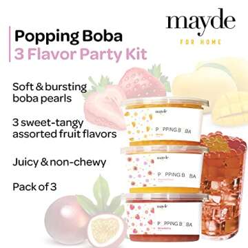 Mayde Bursting Popping Boba Pearls, Strawberry, Mango, Passion Fruit - 3 Flavor Party Kit (490 gms, ...