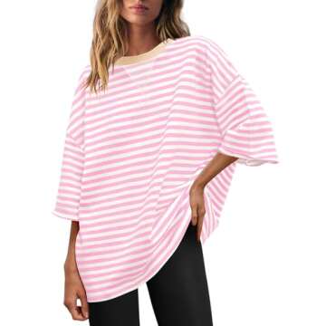 SENSERISE Womens Striped Short Sleeve Shirt Oversized Crewneck T Shirts Basic Tee Tops Loose Summer ...