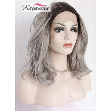 K'ryssma Ombre Gray Lace Front Wigs Dark Roots Short Bob Synthetic Wigs Silver Grey Short Wavy Synthetic Lace Wig for Women 12 inches