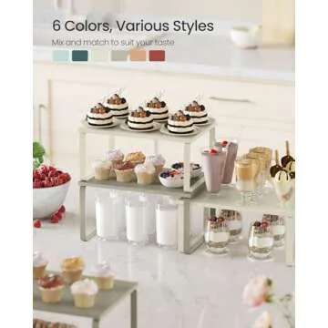 SONGMICS Cabinet Organizer Shelf, Set of 2 Kitchen Counter Shelves, Kitchen Storage, Spice Rack, Stackable, Expandable, Metal and Engineered Wood, Cream White UKCS002W02