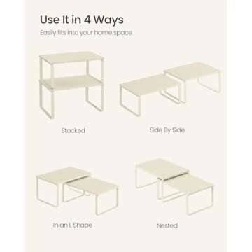 SONGMICS Cabinet Organizer Shelf, Set of 2 Kitchen Counter Shelves, Kitchen Storage, Spice Rack, Stackable, Expandable, Metal and Engineered Wood, Cream White UKCS002W02