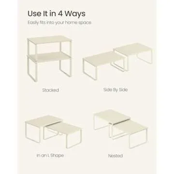 SONGMICS Cabinet Organizer Shelf, Set of 2 Kitchen Counter Shelves, Kitchen Storage, Spice Rack, Stackable, Expandable, Metal and Engineered Wood, Cream White UKCS002W02