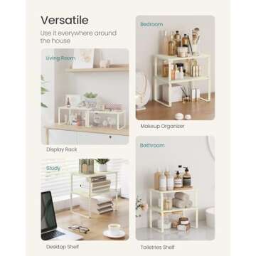 SONGMICS Cabinet Organizer Shelf, Set of 2 Kitchen Counter Shelves, Kitchen Storage, Spice Rack, Stackable, Expandable, Metal and Engineered Wood, Cream White UKCS002W02