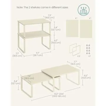SONGMICS Cabinet Organizer Shelf, Set of 2 Kitchen Counter Shelves, Kitchen Storage, Spice Rack, Stackable, Expandable, Metal and Engineered Wood, Cream White UKCS002W02