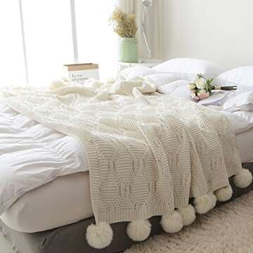 ZHIMIAN Beige Pompoms Fringe Throw Blanket 51"X63" (51" WX63 L, Beige)