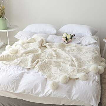 ZHIMIAN Beige Pompoms Fringe Throw Blanket 51"X63" (51" WX63 L, Beige)