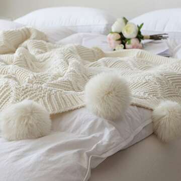 ZHIMIAN Beige Pompoms Fringe Throw Blanket 51"X63" (51" WX63 L, Beige)